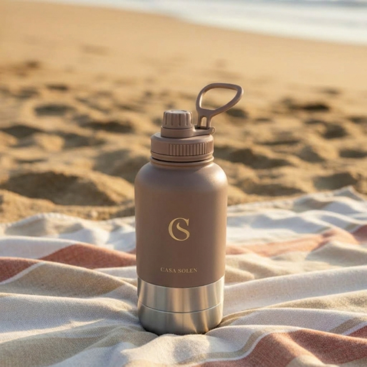Multi-compartment food and drink bottle with carry loop and flip cap, mocha brown