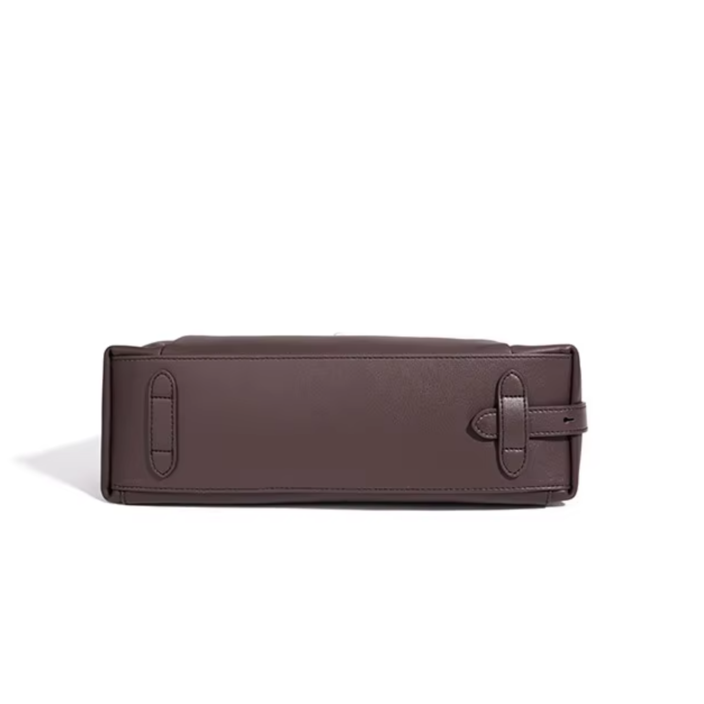 Espresso leather bag with belt detail on bottom panel