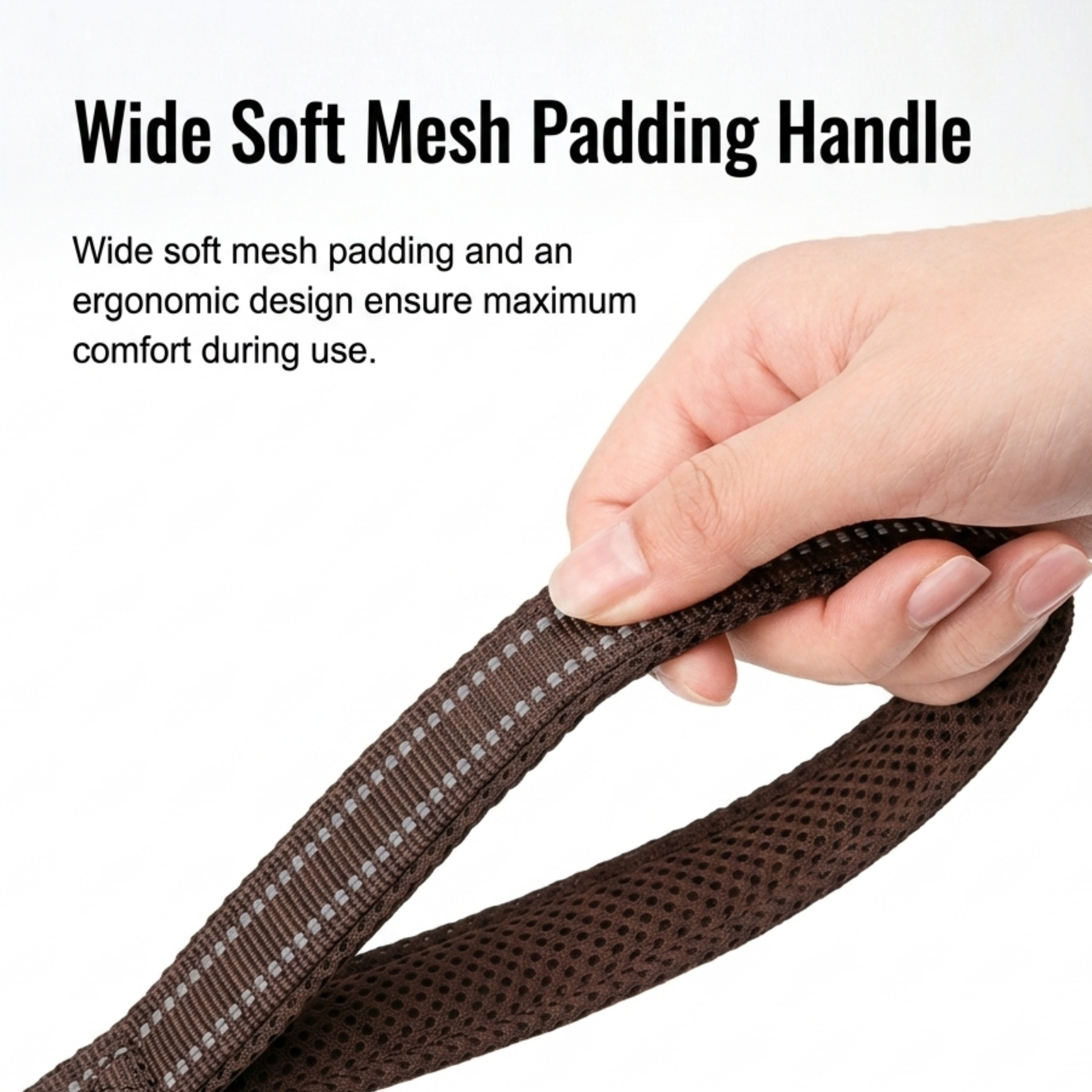 Brown mesh padded handle for dog lead with visible stitched reflective edging