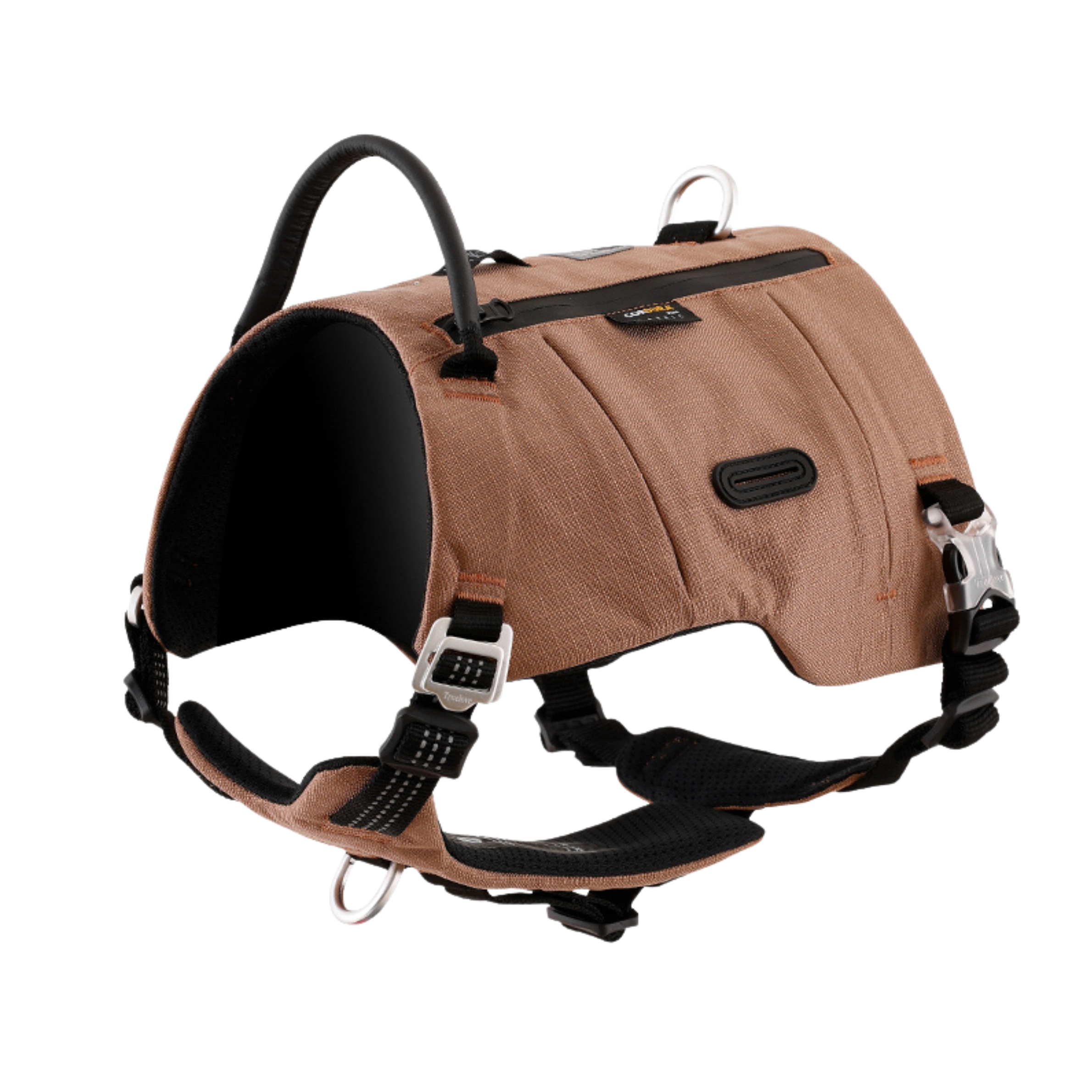 Dune brown dog harness with padded chest, black straps, and metal leash rings.