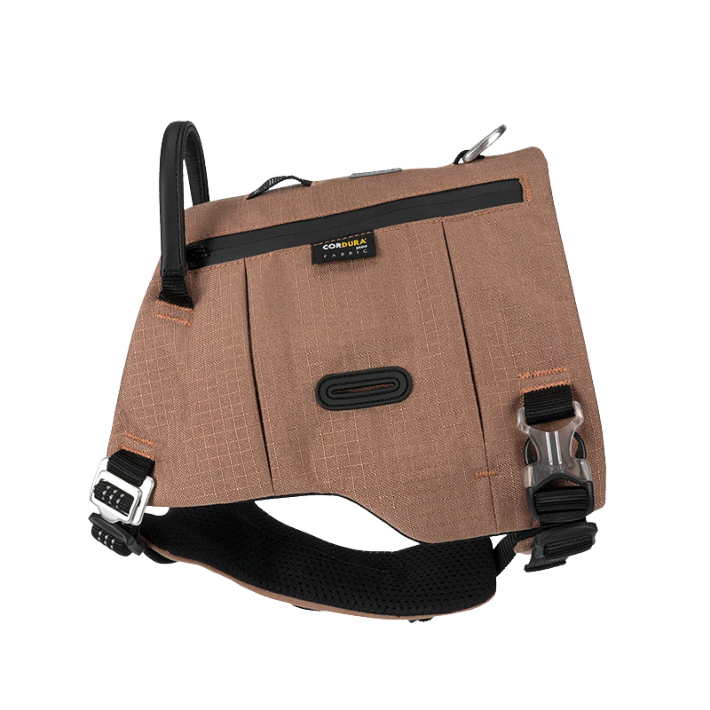 Dune brown dog harness front view with storage pocket, black webbing, and metal clips.