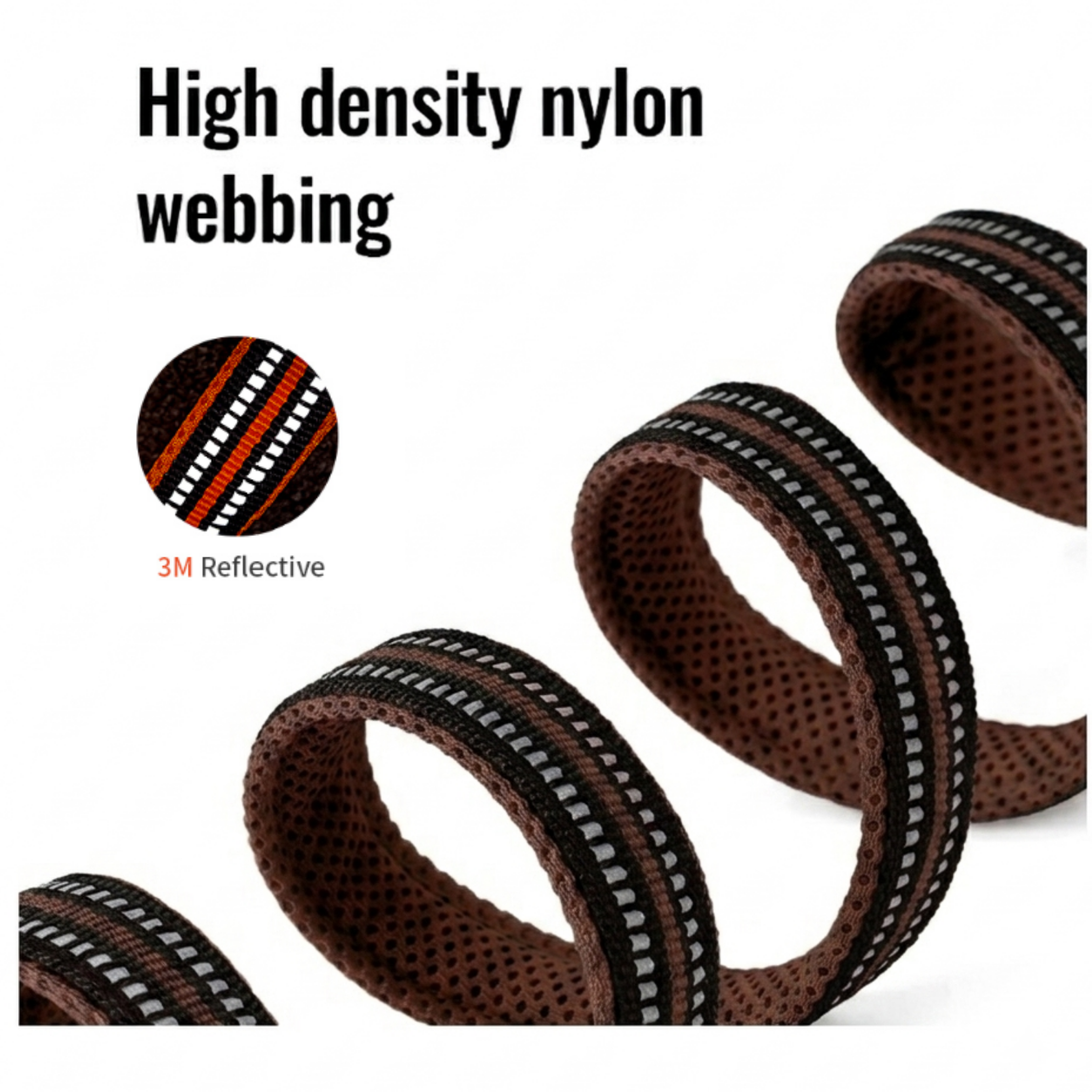 Brown high-density nylon webbing dog lead with reflective stripe design
