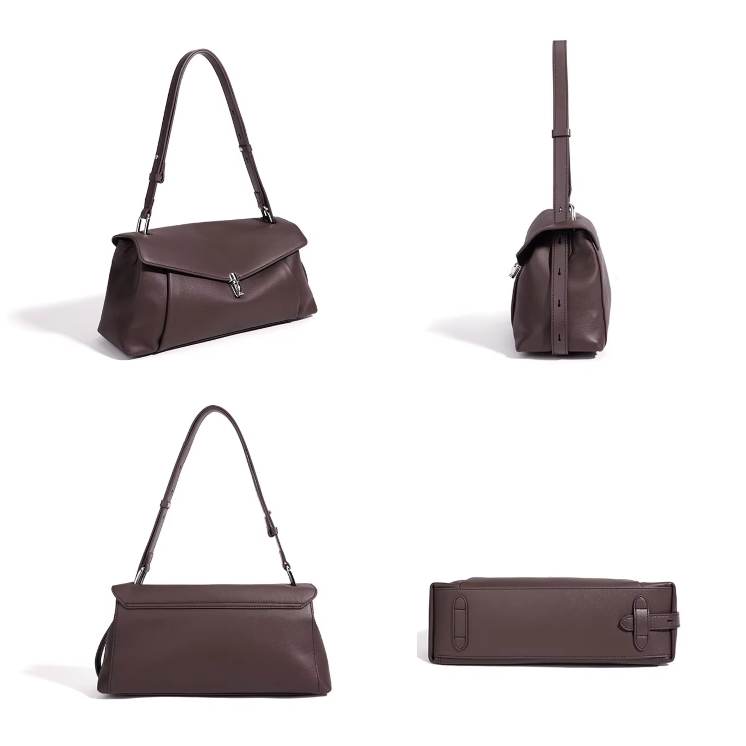 Espresso leather shoulder bag with top handles and front flap clasp