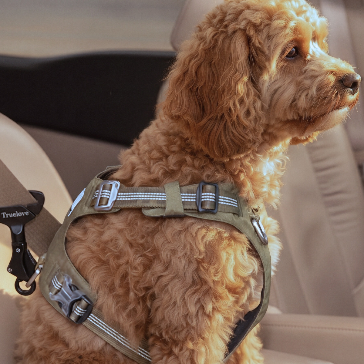 Aluminum car seat belt connector clipped to pet harness strap