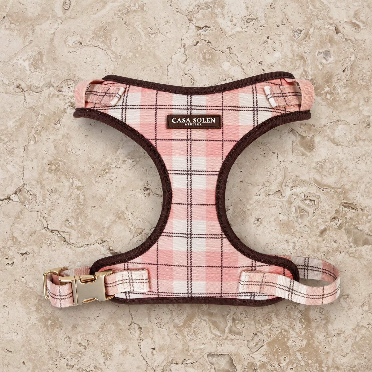 Pink coral rose plaid dog harness with gold buckles and CASA SOLEN label