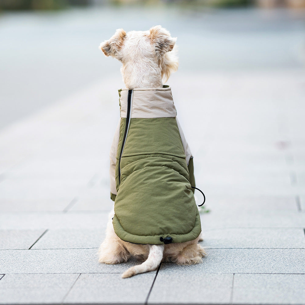 Olive dog jacket with adjustable neck and leg openings