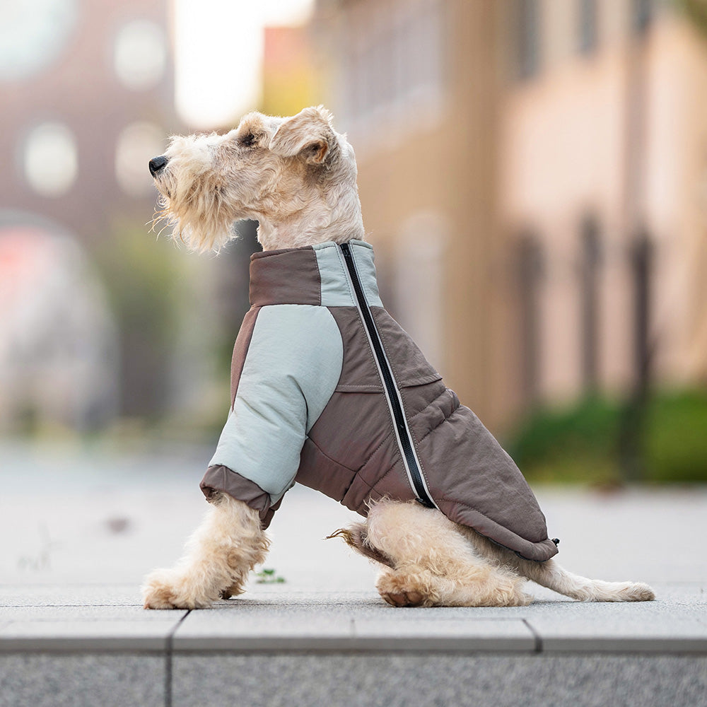 Winter trail jacket for pets, brown and grey insulated coat with front zipper
