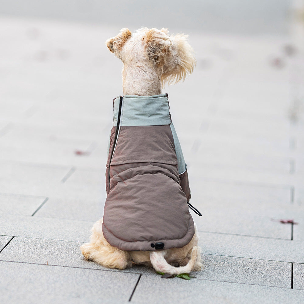 Winter trail jacket for pets, brown and grey padded coat with front zipper