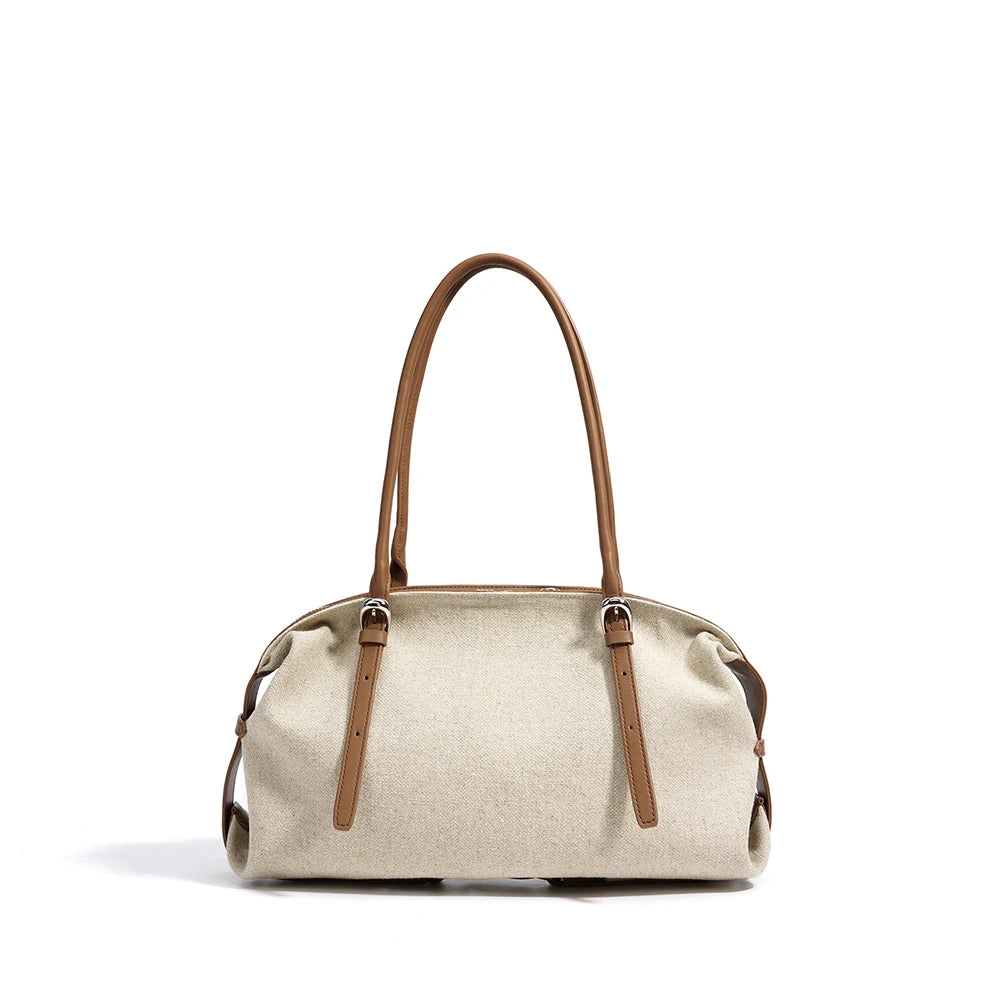 Cream linen bag with caramel brown leather handles