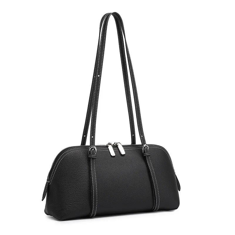 Black pebbled leather zip-top tote bag with double shoulder handles