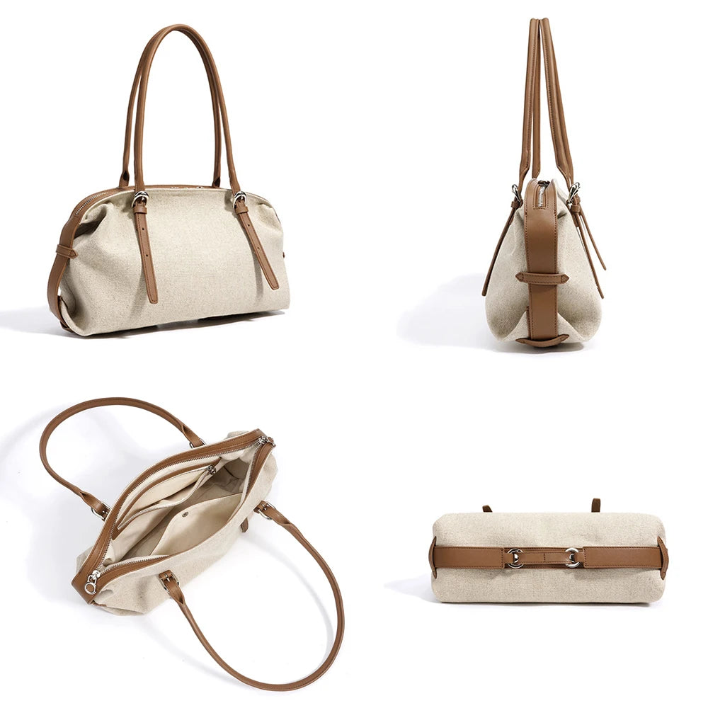 Cream linen bag with caramel brown leather top handles