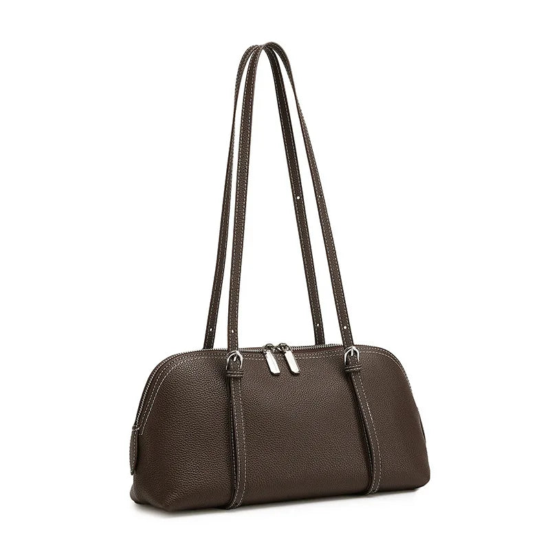 Dark espresso leather tote bag with two top handles and front zip pocket