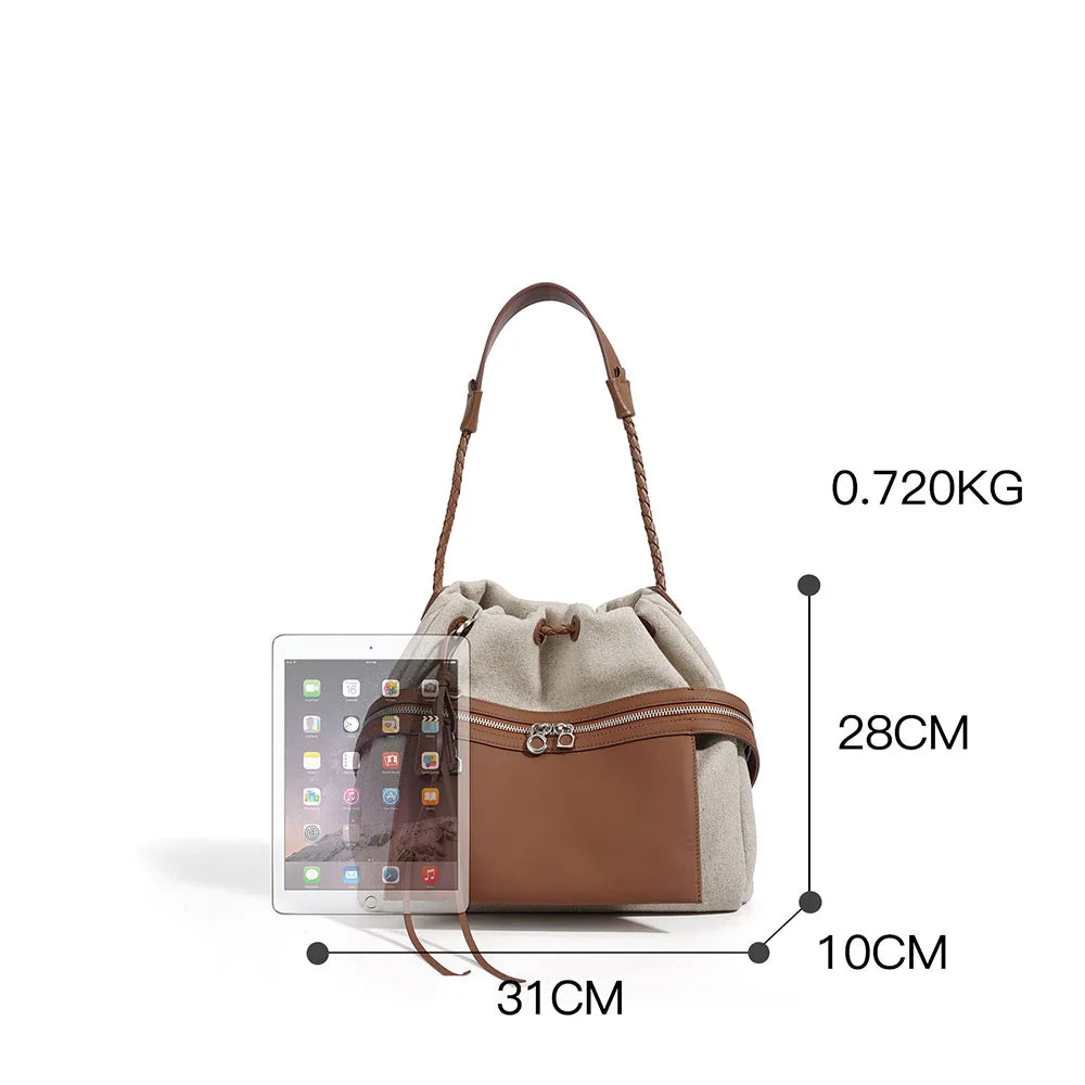 Two-tone bucket bag, 31x28x10 cm, 0.72 kg; drawstring top