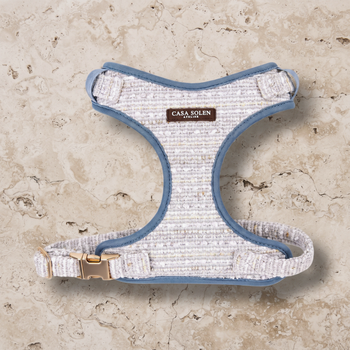 Tweed dog harness with blue trim light blue tweed textile, and matte gold hardware