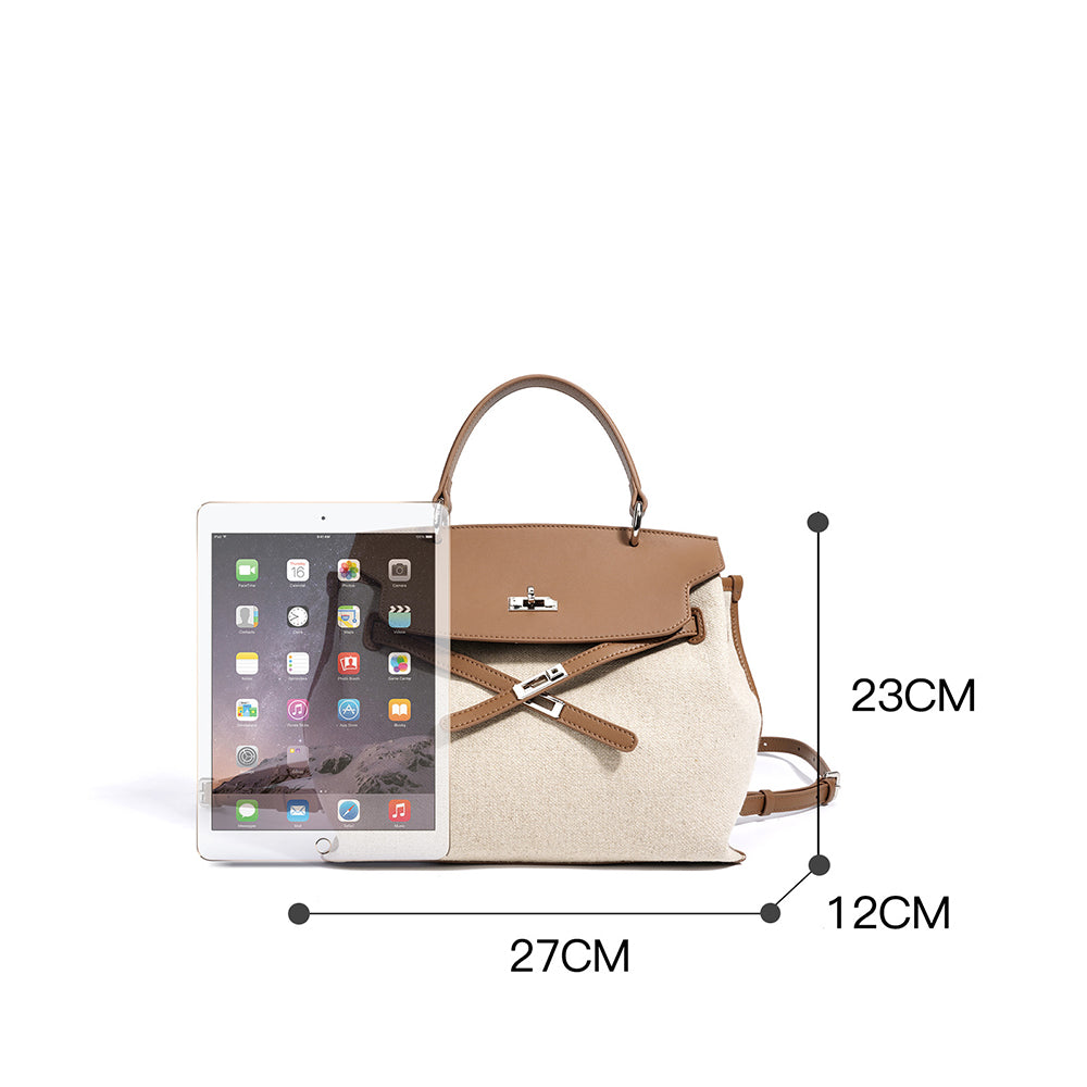 Oat and cognac leather satchel with top handles and front flap; size markers shown