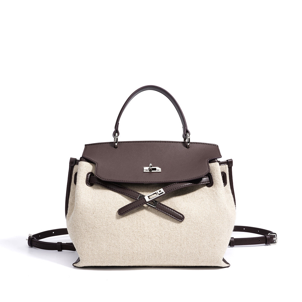Casa Solen Jeanne leather bag, oat and espresso, with front clasp and handles
