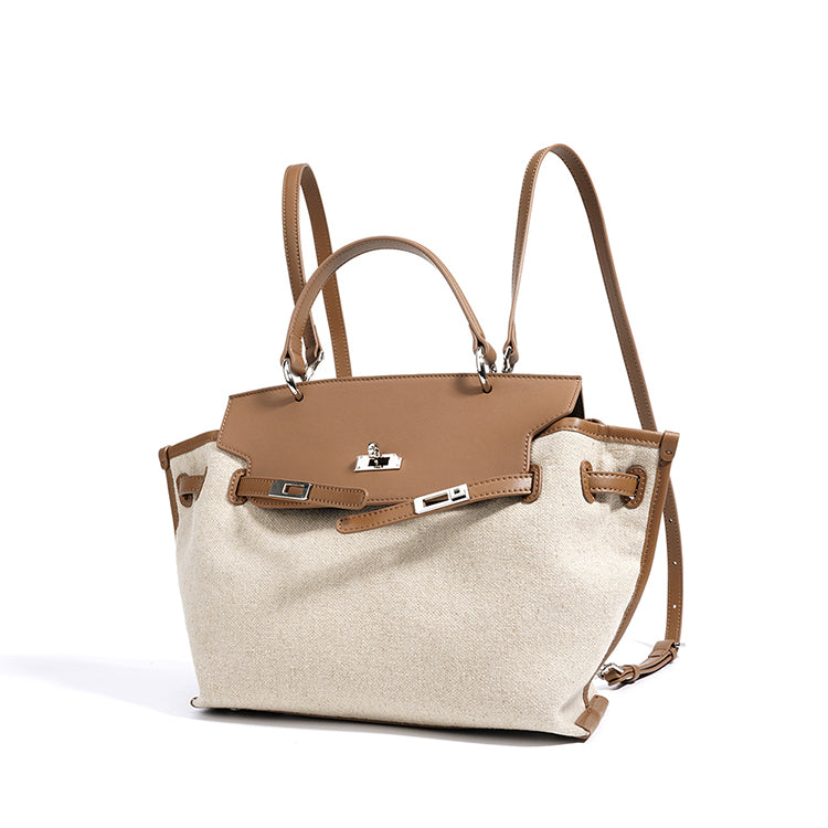 Oat and cognac leather satchel with top handles, front flap, and crossbody strap