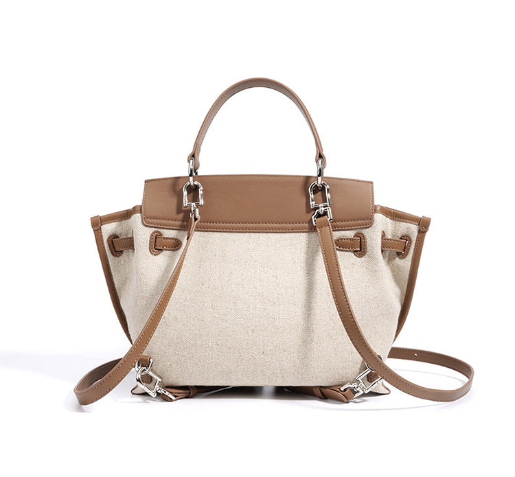 Oat and cognac leather handbag with top handles and detachable crossbody strap